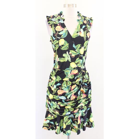 Hale Bob Black Green Lemon Fruit Print Ruffle Ruched Dress Size S Sleeveless - Picture 1 of 8